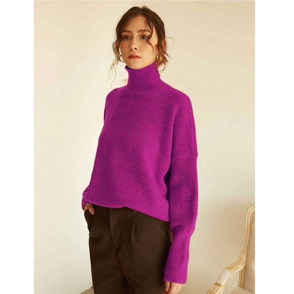 Fuchsia Knit Turtleneck Pullover Sweater Long Sleeve Drop Shoulder - Picture 7 of 14